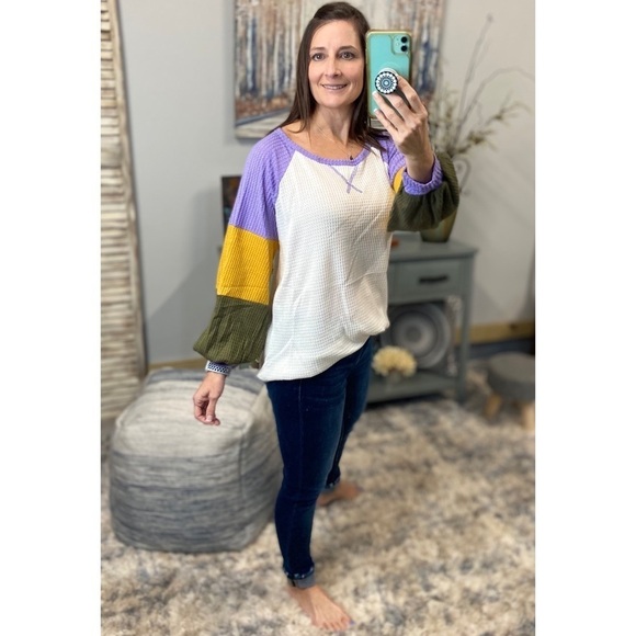 Mardi Gras Waffle Color Block Balloon Sleeve Shirt Purple Green Gold 3319 - Picture 1 of 9